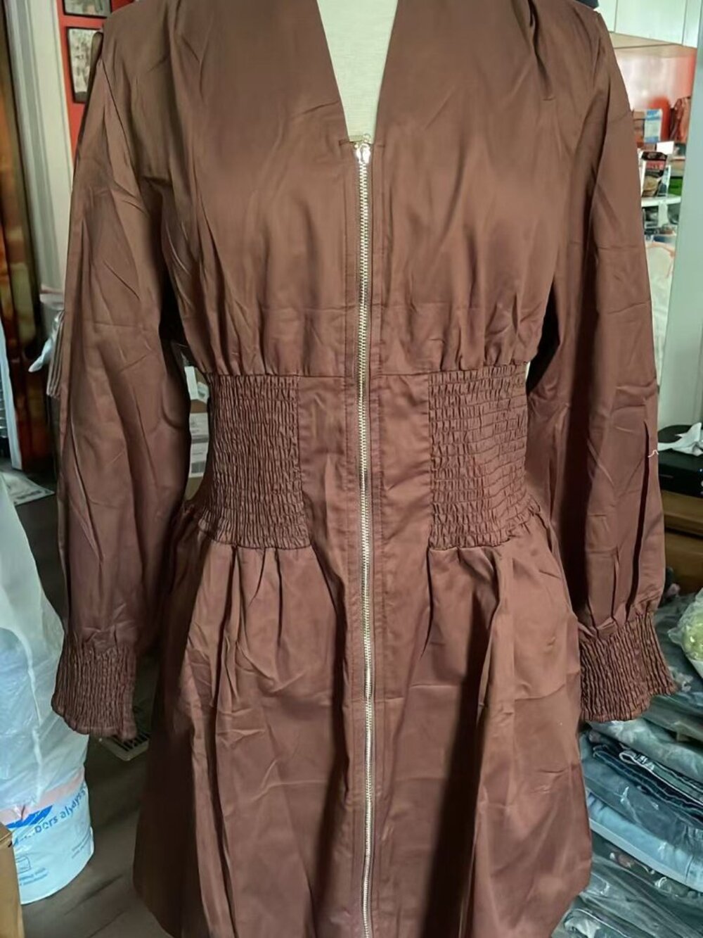 women's long sleeve mini dress v-neck smocked zipper casual A-line short dress